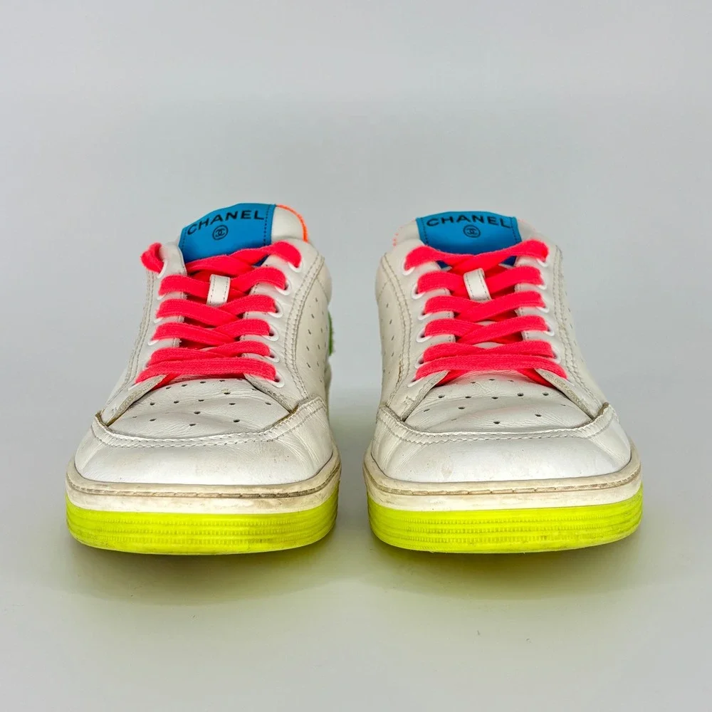 Chanel Calfskin Logo Low Top Sneakers White Neon Women Size 39 Leather Colorful